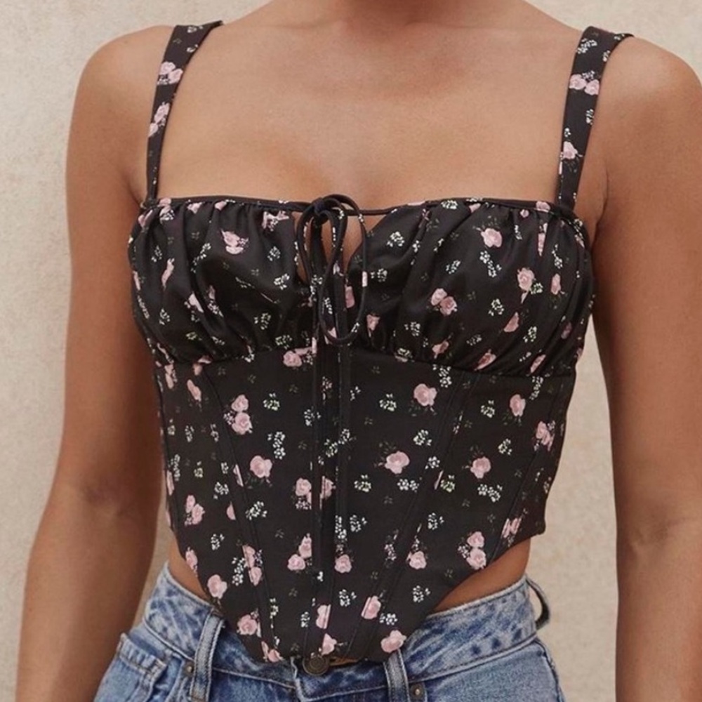 Floral Corset Black Pink Cropped Size Medium